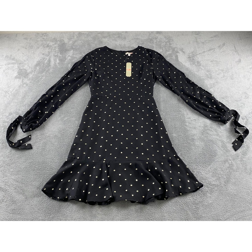 GB Womens Black Gold Metallic Polka Dot‎ Tie Sleeve Ruffle Mini Dress XS New